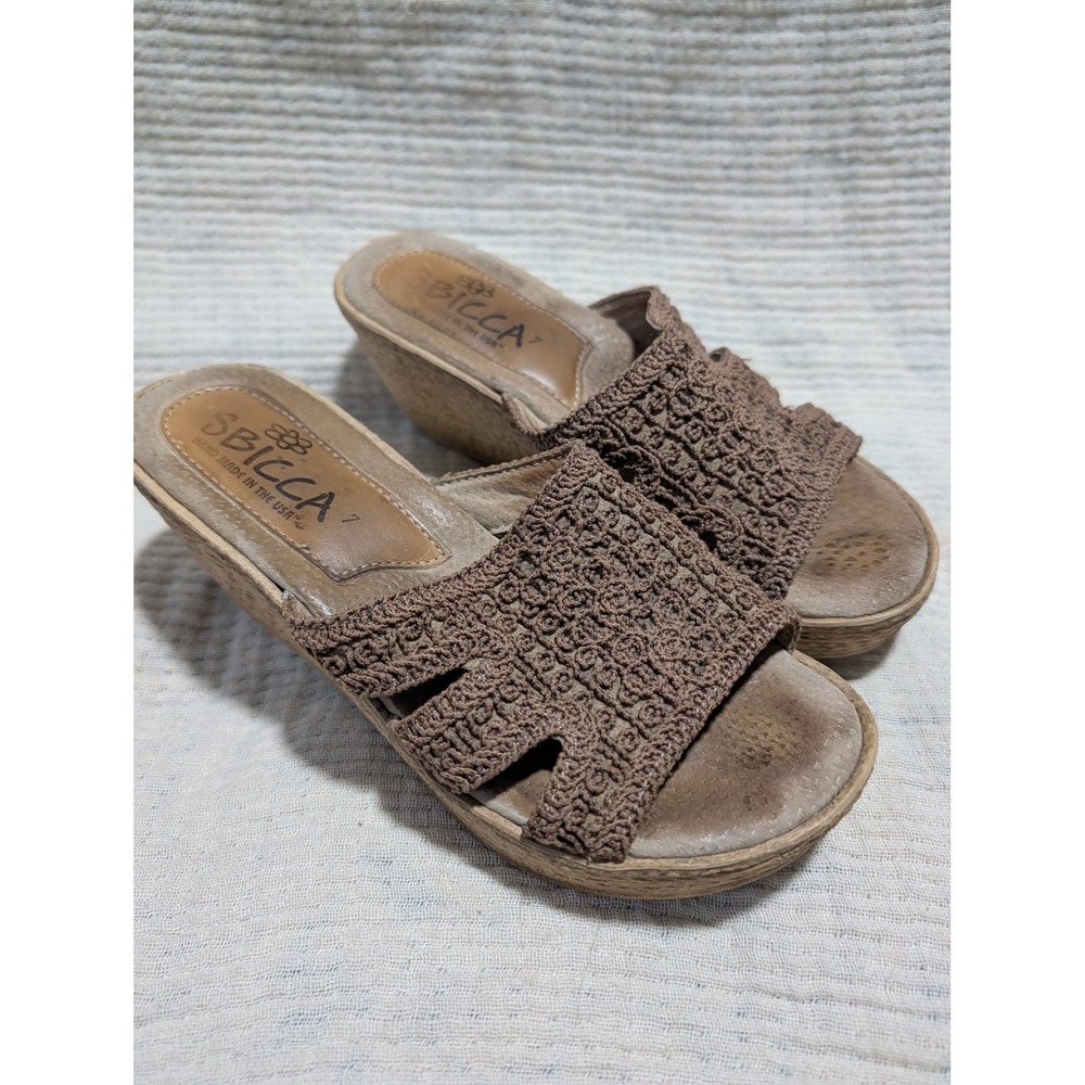 Sbicca Wedge Sandals Women Brown Crochet Slip On Open Toe Platform Shoes 7